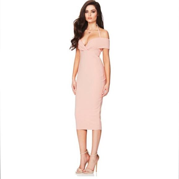 Revolve NOOKIE Athena Off‎ the Shoulder Midi Dress in Blush Pink Size S NEW - Picture 1 of 7